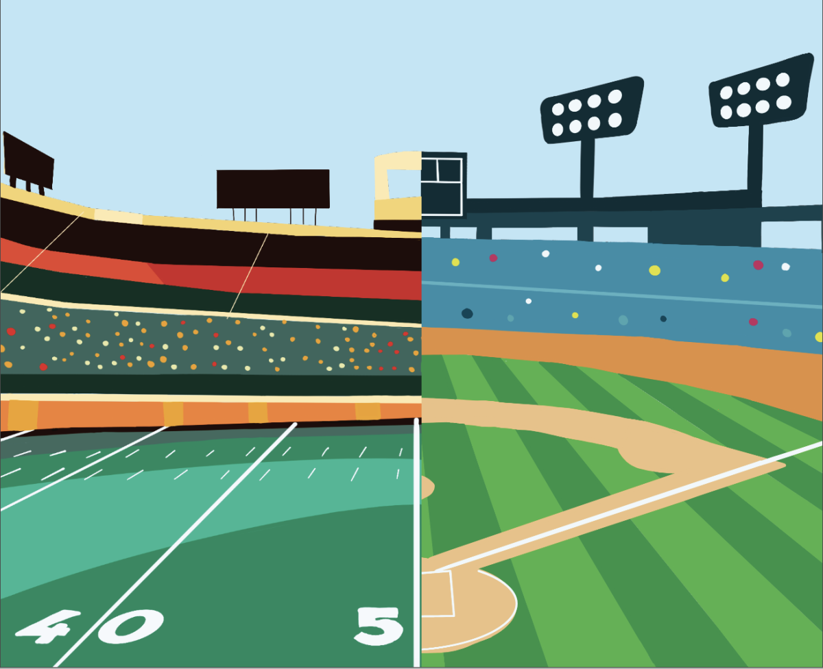 A side by side of two stadiums showcasing the connection of sports culture. 